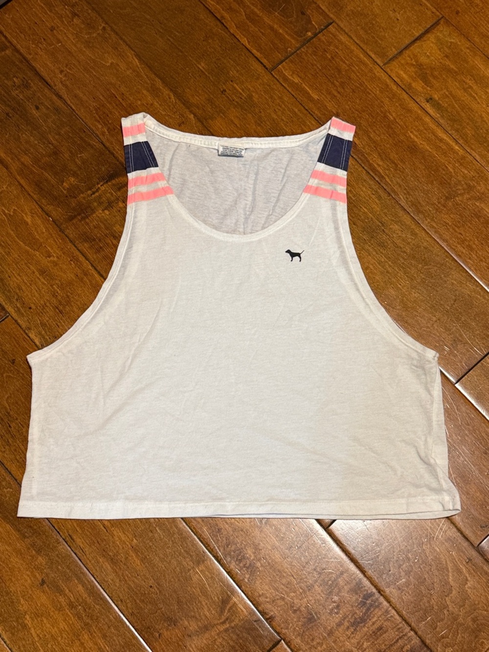 PINK Victoria's Secret White Crop Muscle Tank with Pink and Navy Stripe Details